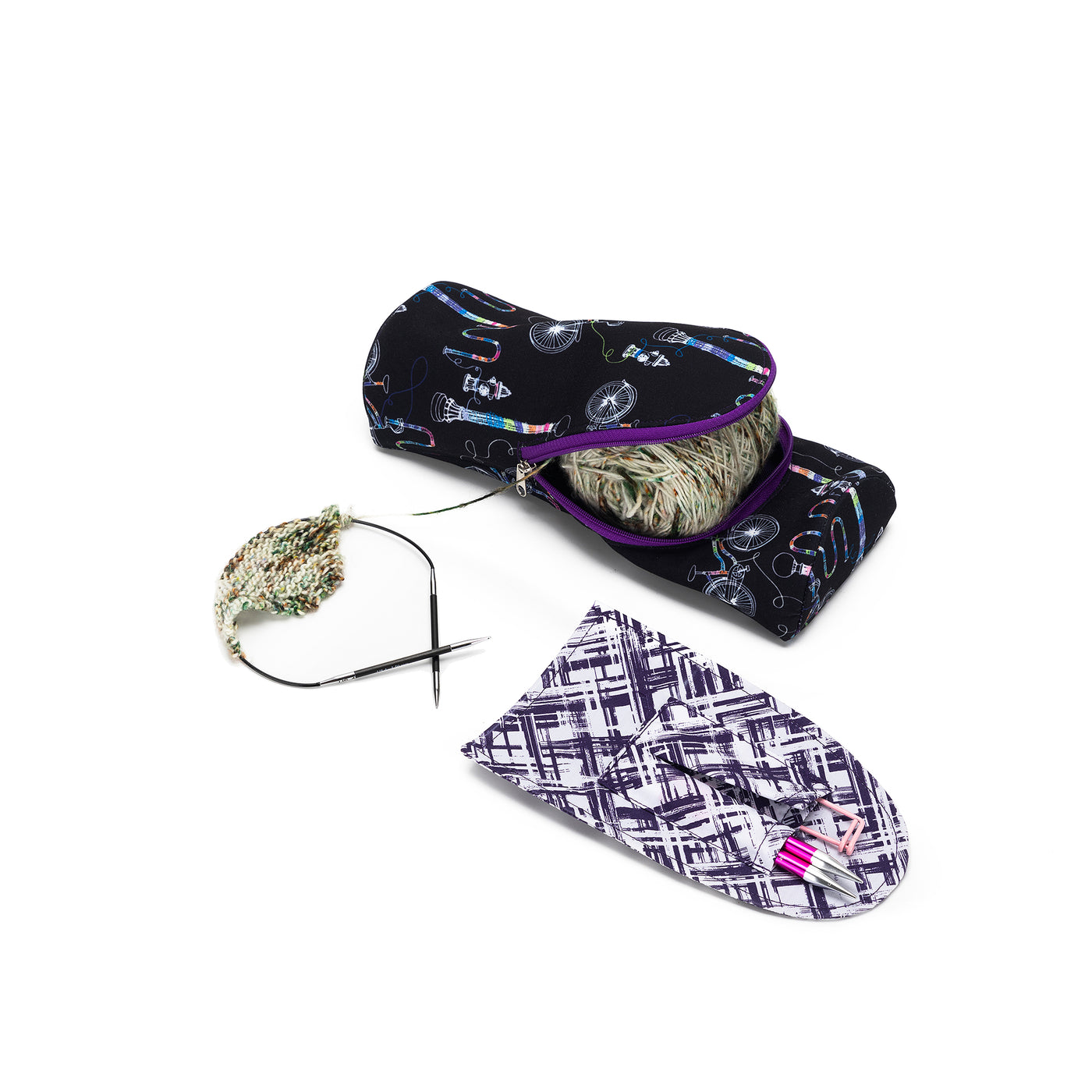 Standing Needle Case | Coffee and Yarn Purple Fabric Print