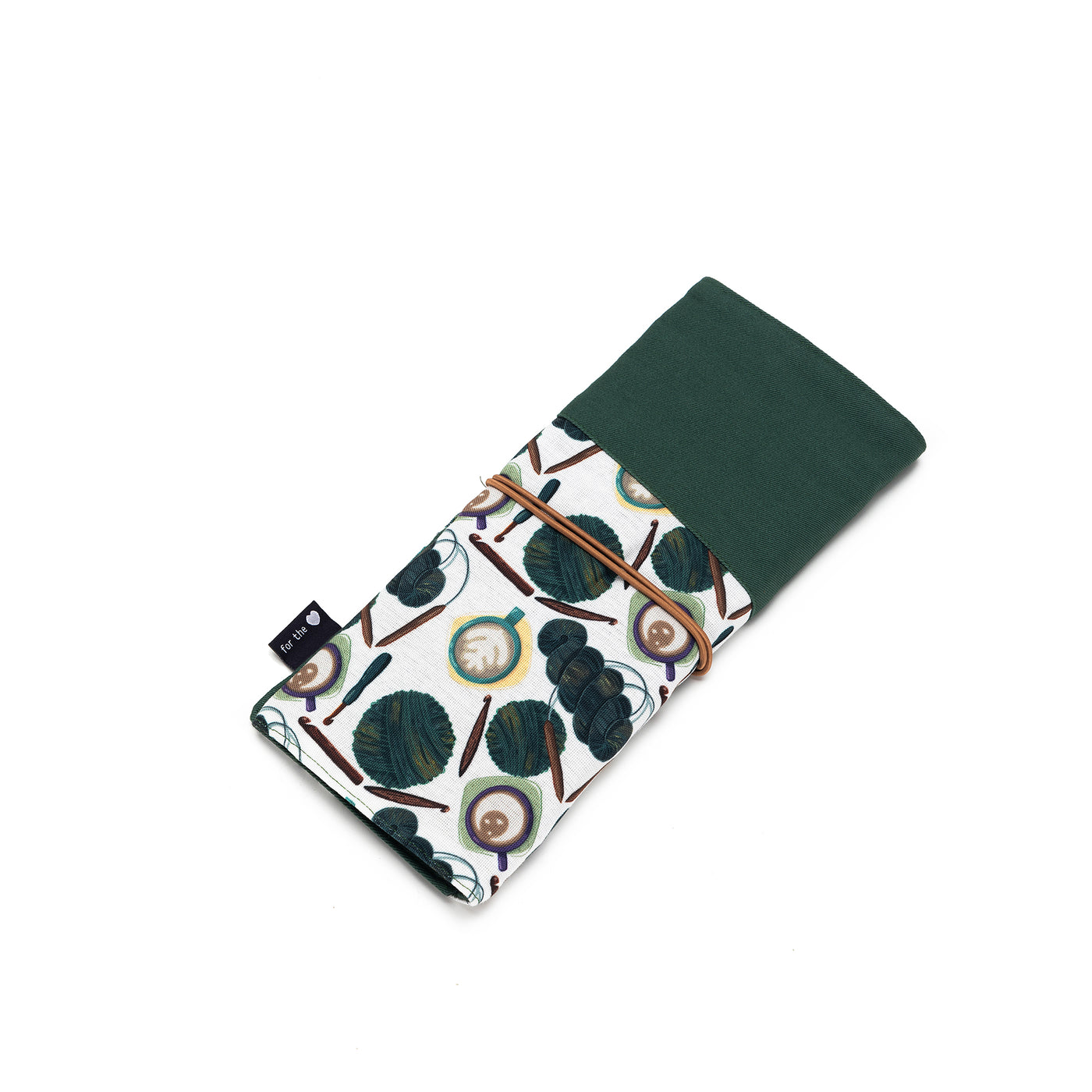 Tri-Fold Circular Needle Case | Coffee and Yarn Green Fabric Print (PREORDER)