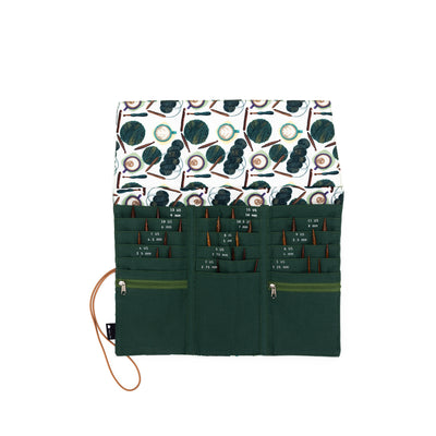 Tri-Fold Circular Needle Case | Coffee and Yarn Green Fabric Print