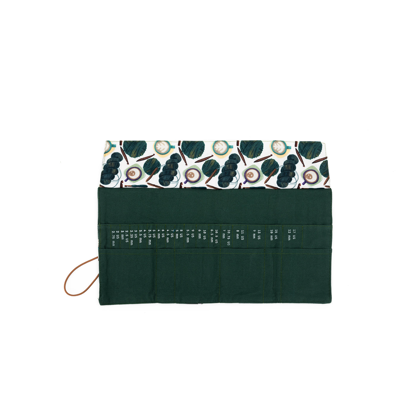 Interchangeable Needle Case | Coffee and Yarn Green Fabric Print