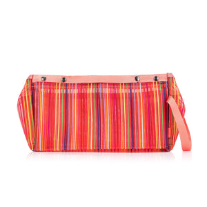 A large rainbow-colored mesh knitting project bag with a wristlet strap.