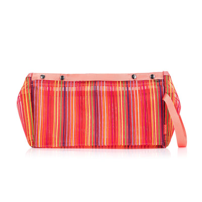 A large rainbow-colored mesh knitting project bag with a wristlet strap.