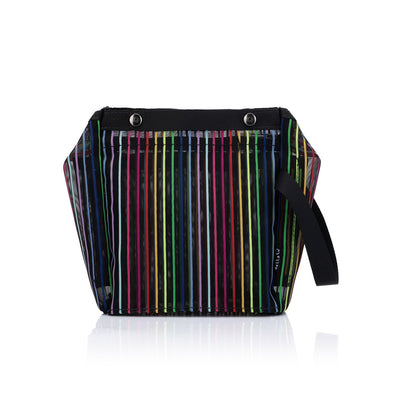 A small rainbow-colored mesh craft project bag with a solid orange wristlet strap.