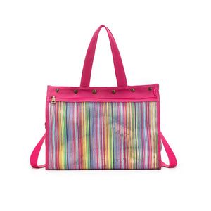 A multicolored transparent mesh tote bag with vibrant rainbow stripes, featuring pink trim and straps, and metal grommets.