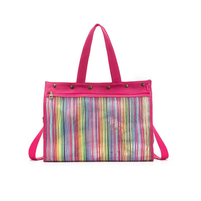 A multicolored transparent mesh tote bag with vibrant rainbow stripes, featuring pink trim and straps, and metal grommets.