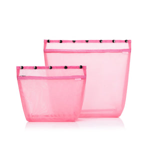 Two pink mesh storage bags with snaps on the opening, designed for knitting or crochet project organization.