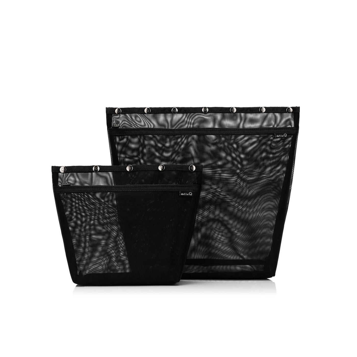 Two black mesh standing project bags with snap openings, one large and one extra large, displayed on a white background.