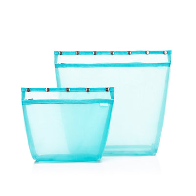 Two blue mesh knitting bags with snap closures, one large and one extra large, isolated on a white background.