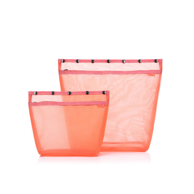 Two orange mesh project bags with snap closures, one large and one extra large, against a white background.
