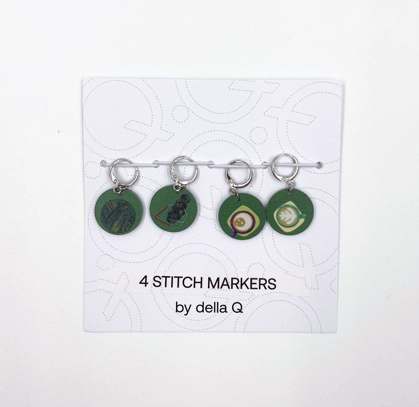 Stitch Marker Set | Coffee and Yarn Green Fabric Print